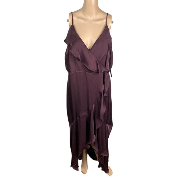 NWT Express Dark Purple Satin Ruffle Hi-Low Wrap Midi Dress SZ XL - Picture 3 of 10